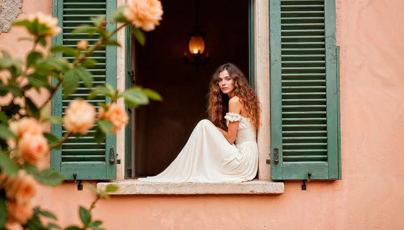 Im Fenster sitzt eine Frau in einem weißen Kleid.